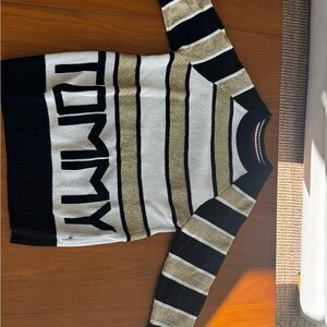 Tommy Hilfiger Men's Black, White, and Tan Striped Crewneck Sweater
